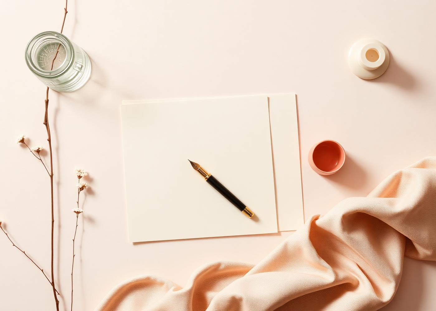 Bureau minimaliste : documents, stylo plume, atmosphère calme